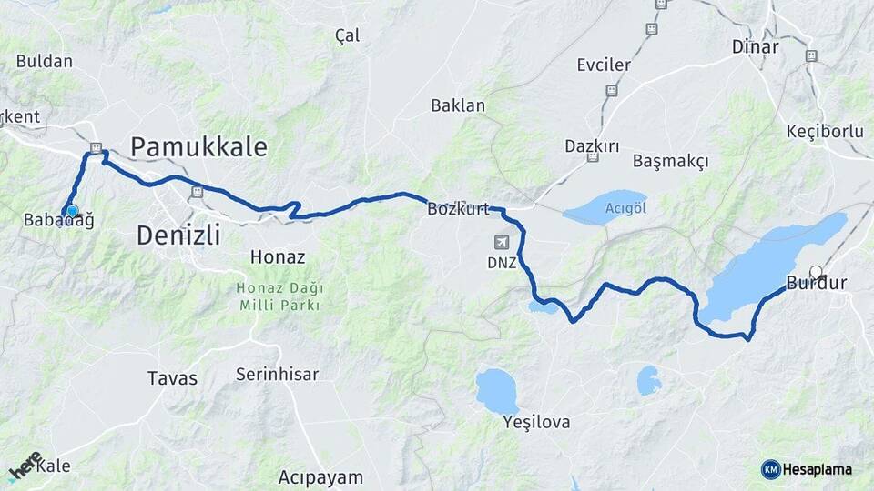 Denizli Merkezefendi Burdur Arası Kaç Km - Yol Haritası