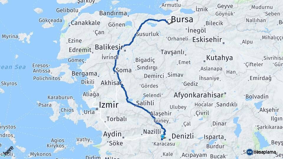 Denizli Merkezefendi Bursa Arası Kaç Km - Yol Haritası