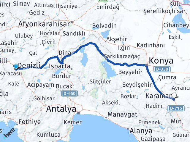 Denizli Merkezefendi Karaman Arası Kaç Km - Yol Haritası