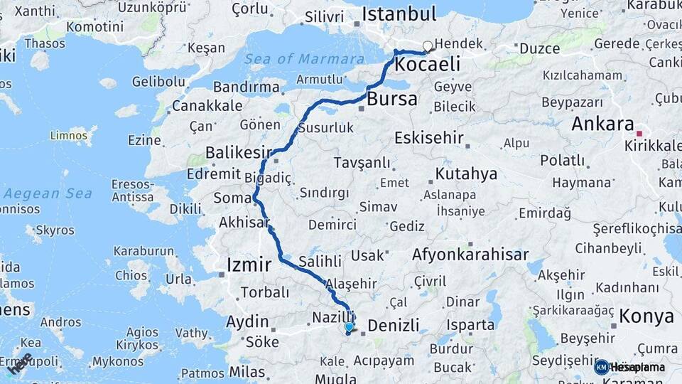 Denizli Merkezefendi Kocaeli Arası Kaç Km - Yol Haritası
