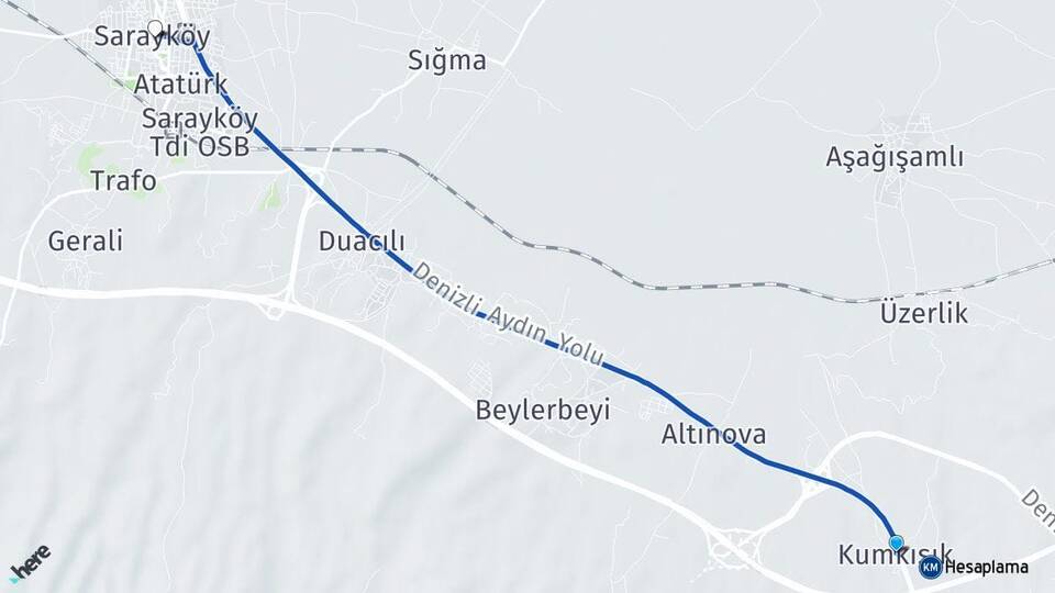 Denizli Merkezefendi Kumkısık Sarayköy Arası Kaç Km - Yol Haritası