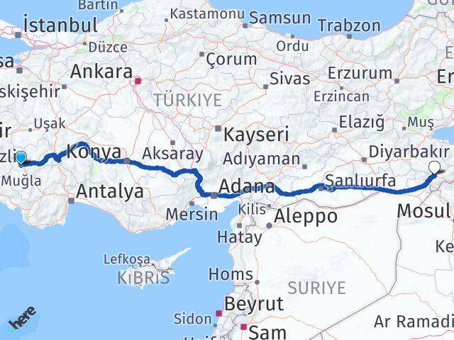 Denizli Merkezefendi Şırnak Arası Kaç Km - Yol Haritası