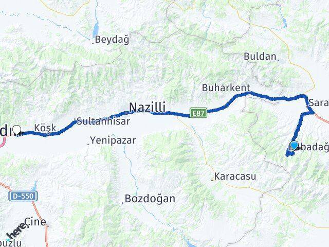 Denizli Merkezefendi Umurlu Efeler Aydın Arası Kaç Km - Yol Haritası