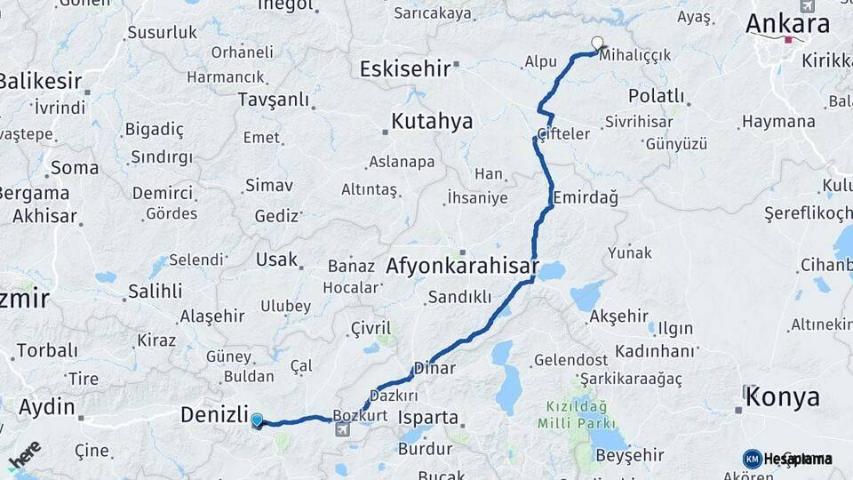Denizli Mihalıççık Eskişehir Arası Kaç Km - Yol Haritası