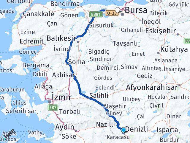 Denizli Nilüfer Bursa Arası Kaç Km - Yol Haritası
