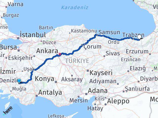 Denizli Of Trabzon Arası Kaç Km - Yol Haritası
