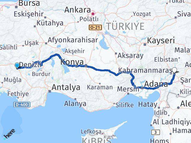Denizli Onikişubat Kahramanmaraş Arası Kaç Km - Yol Haritası