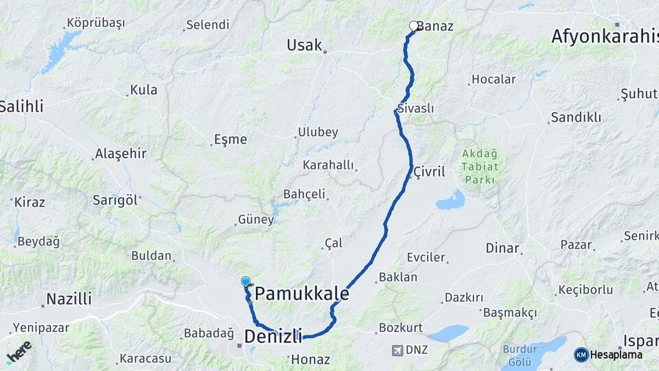 Denizli Pamukkale Karahayıt Banaz Uşak Arası Kaç Km - Yol Haritası