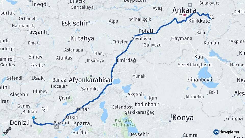 Denizli Pamukkale Kırıkkale Arası Kaç Km - Yol Haritası