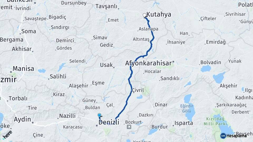 Denizli Pamukkale Kütahya Arası Kaç Km - Yol Haritası