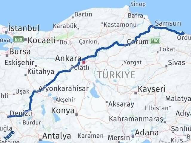Denizli Perşembe Ordu Arası Kaç Km - Yol Haritası
