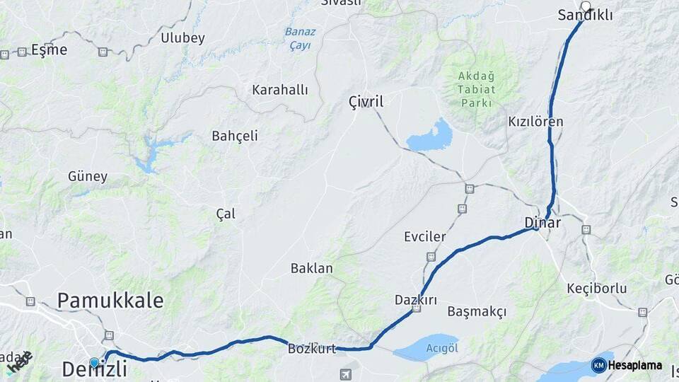 Denizli Sandıklı Afyonkarahisar Arası Kaç Km - Yol Haritası