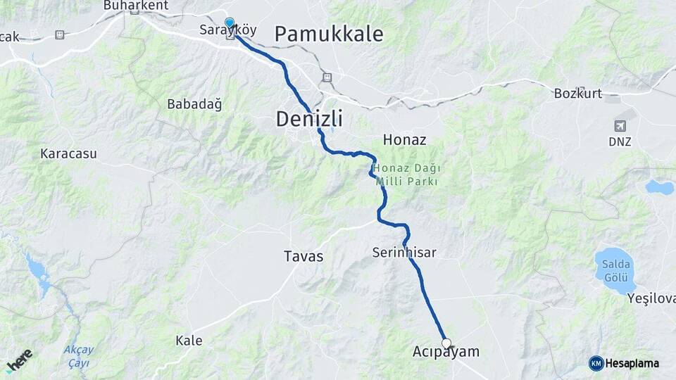 Denizli Sarayköy Acıpayam Arası Kaç Km - Yol Haritası