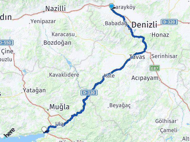 Denizli Sarayköy Akyaka Ula Muğla Arası Kaç Km - Yol Haritası