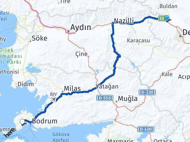 Denizli Sarayköy Bitez Bodrum Muğla Arası Kaç Km - Yol Haritası