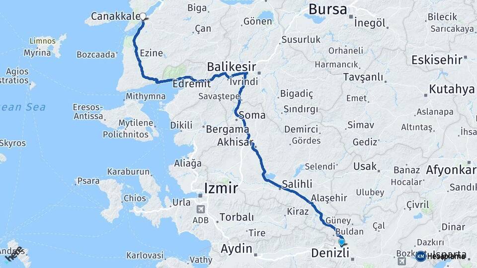 Denizli Sarayköy Çanakkale Arası Kaç Km - Yol Haritası