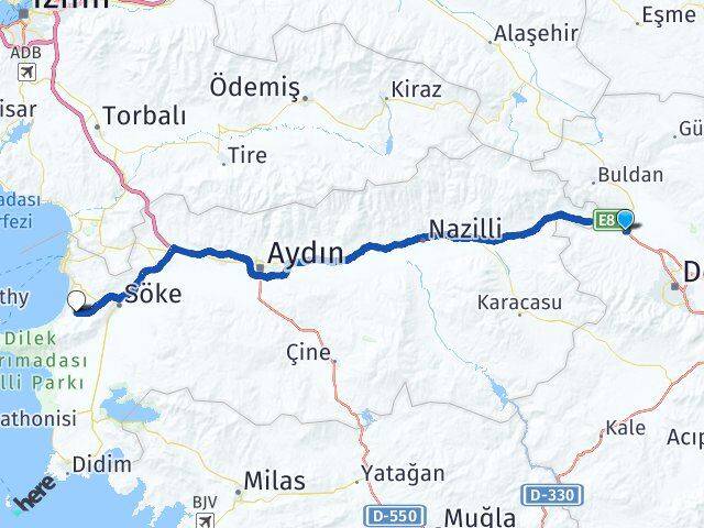 Denizli Sarayköy Davutlar Kuşadası Aydın Arası Kaç Km - Yol Haritası