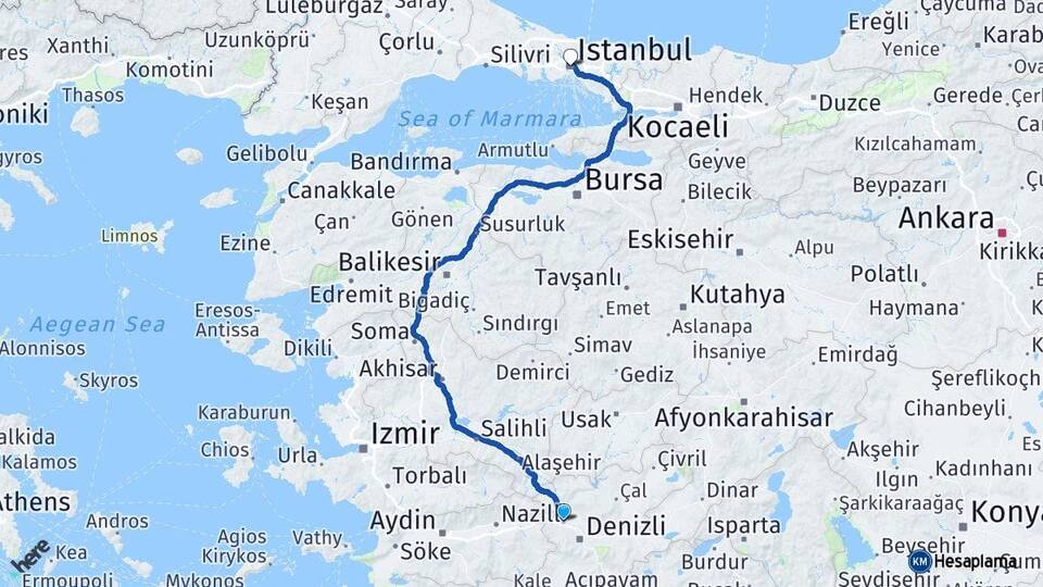 Denizli Sarayköy İstanbul Arası Kaç Km - Yol Haritası