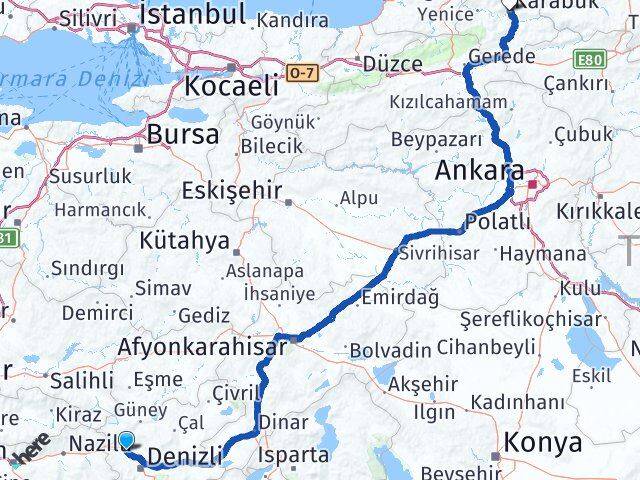 Denizli Sarayköy Karabük Arası Kaç Km - Yol Haritası