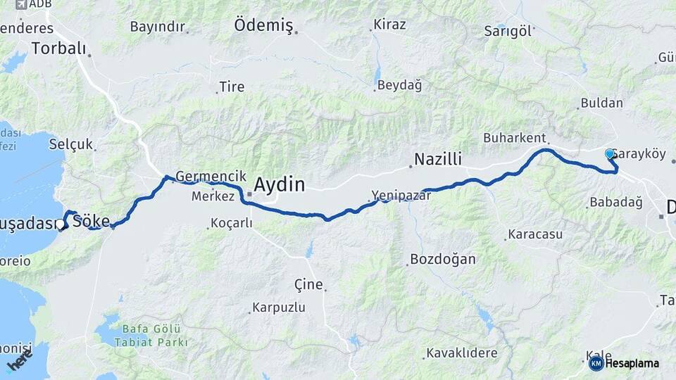Denizli Sarayköy Kuşadası Aydın Arası Kaç Km - Yol Haritası