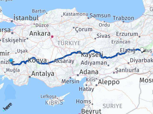 Denizli Sarayköy Muş Arası Kaç Km - Yol Haritası