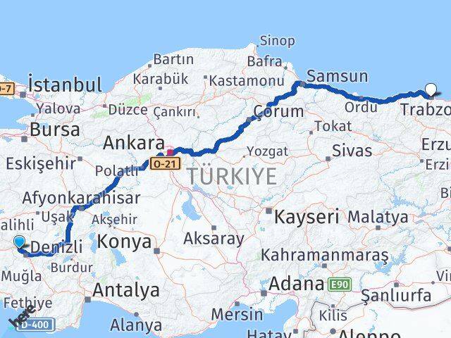 Denizli Sarayköy Trabzon Arası Kaç Km - Yol Haritası