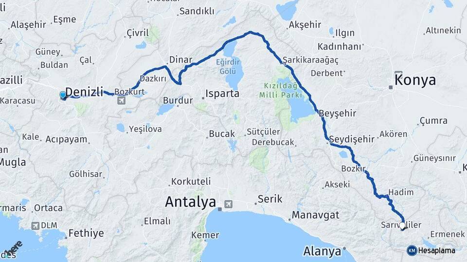 Denizli Sarıveliler Karaman Arası Kaç Km - Yol Haritası