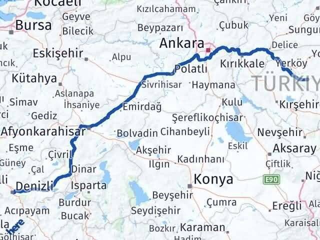 Denizli Şefaatli Yozgat Arası Kaç Km - Yol Haritası