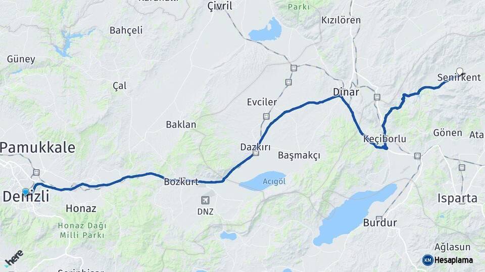 Denizli Senirkent Isparta Arası Kaç Km - Yol Haritası