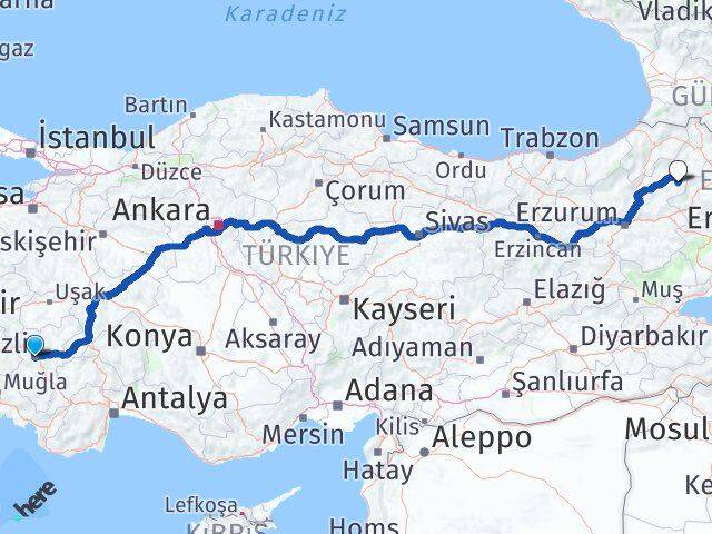 Denizli Şenkaya Erzurum Arası Kaç Km - Yol Haritası