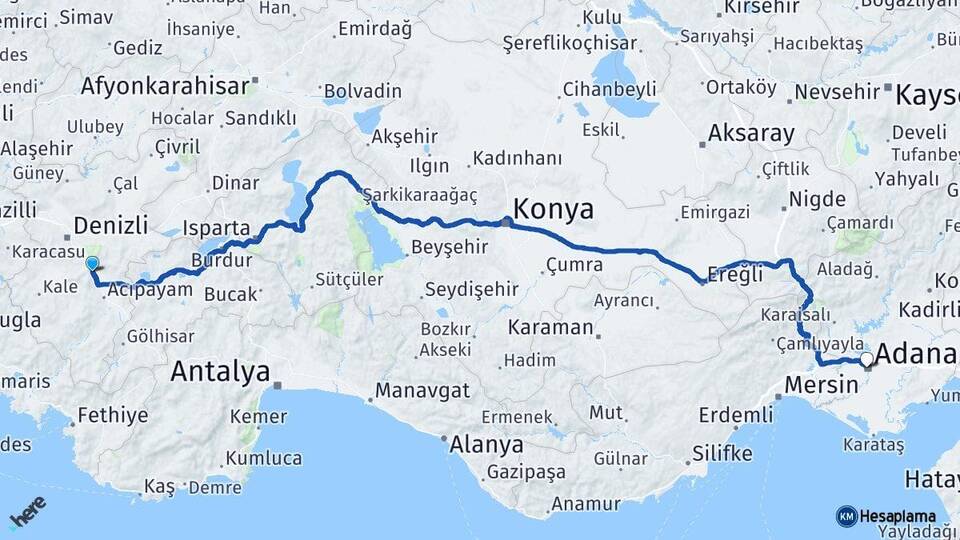 Denizli Serinhisar Adana Arası Kaç Km - Yol Haritası