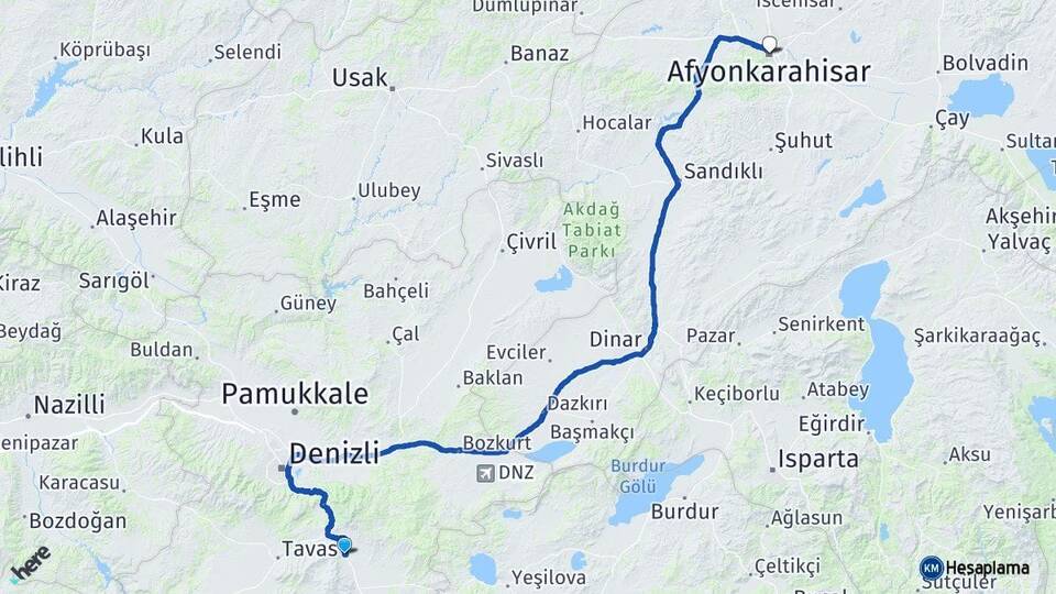 Denizli Serinhisar Afyonkarahisar Arası Kaç Km - Yol Haritası