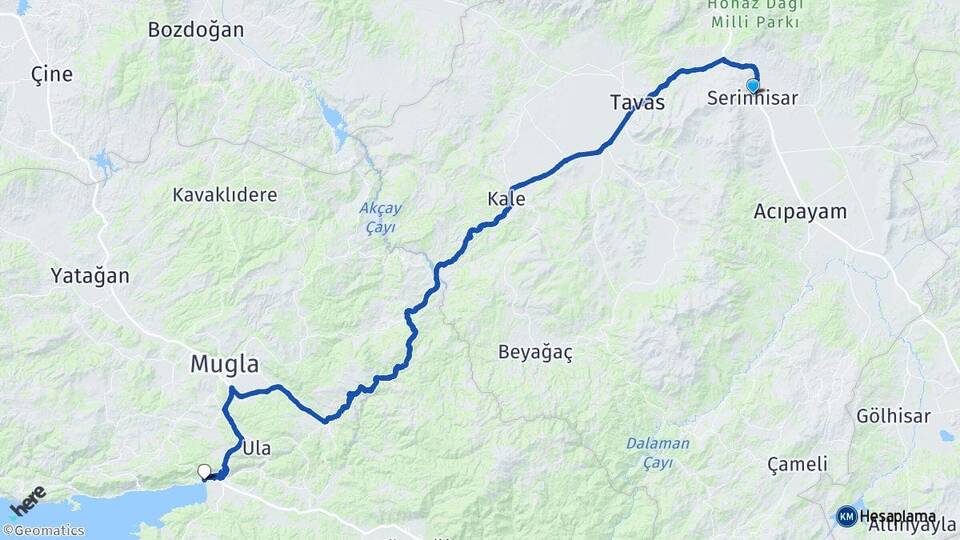 Denizli Serinhisar Akyaka Ula Muğla Arası Kaç Km - Yol Haritası