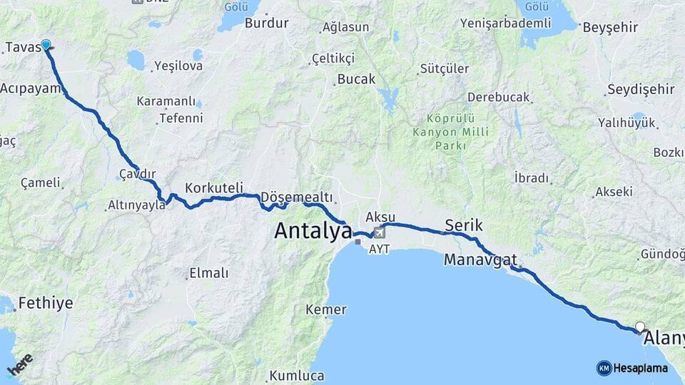 Denizli Serinhisar Alanya Antalya Arası Kaç Km - Yol Haritası