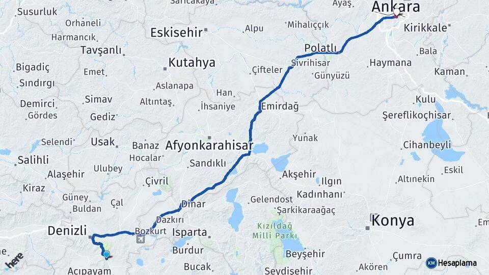 Denizli Serinhisar Ankara Arası Kaç Km - Yol Haritası