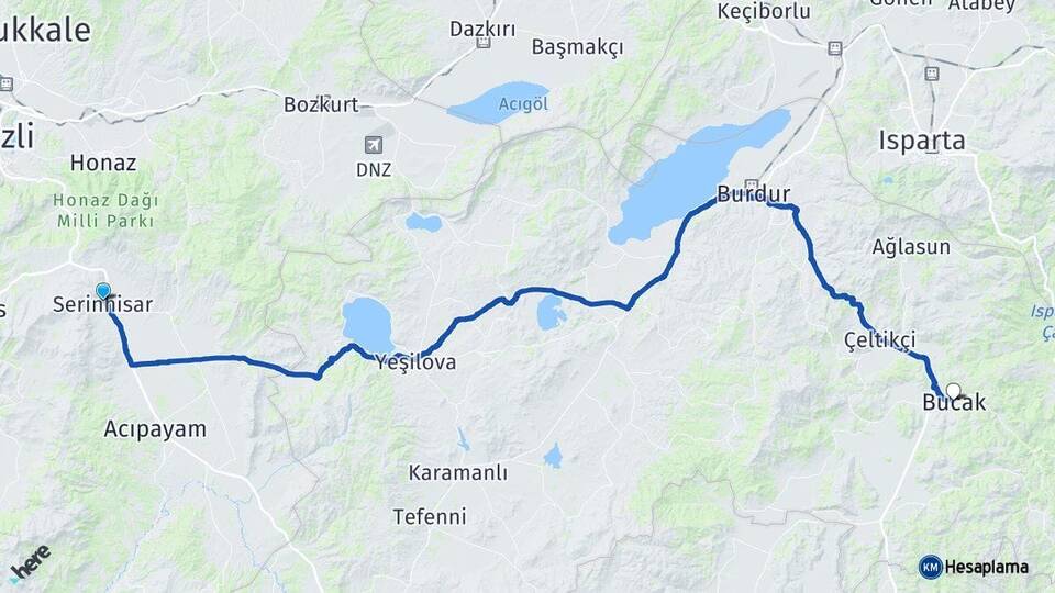 Denizli Serinhisar Bucak Burdur Arası Kaç Km - Yol Haritası
