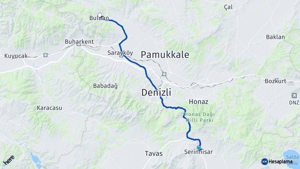 Denizli Serinhisar Buldan Arası Kaç Km - Yol Haritası