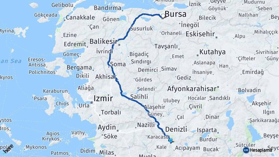 Denizli Serinhisar Bursa Arası Kaç Km - Yol Haritası