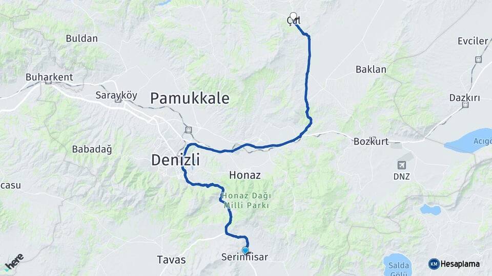 Denizli Serinhisar Çal Arası Kaç Km - Yol Haritası