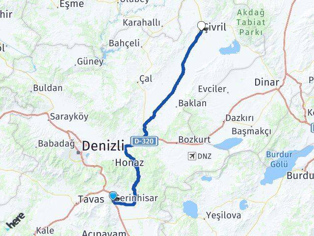 Denizli Serinhisar Çivril Arası Kaç Km - Yol Haritası