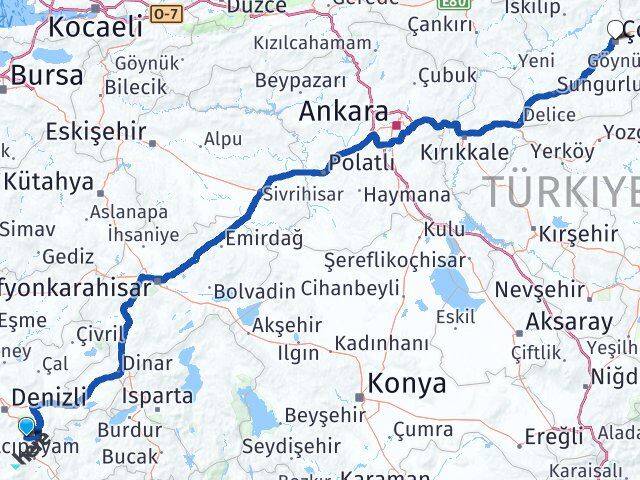 Denizli Serinhisar Çorum Arası Kaç Km - Yol Haritası