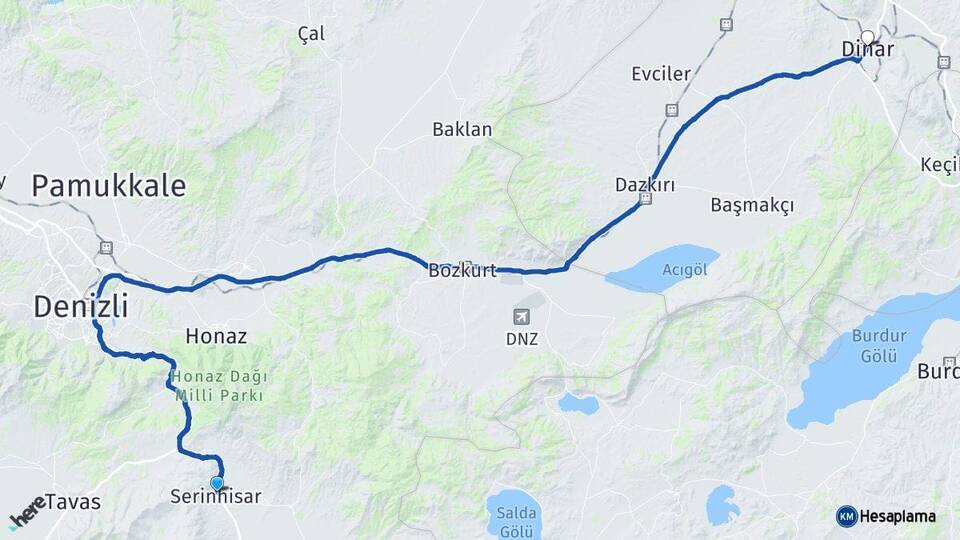 Denizli Serinhisar Dinar Afyonkarahisar Arası Kaç Km - Yol Haritası