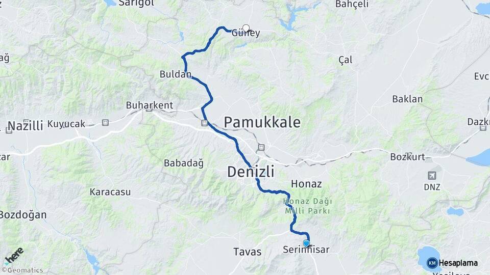 Denizli Serinhisar Güney Arası Kaç Km - Yol Haritası