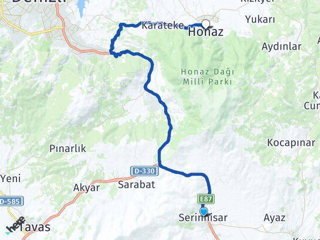 Denizli Serinhisar Honaz Arası Kaç Km - Yol Haritası