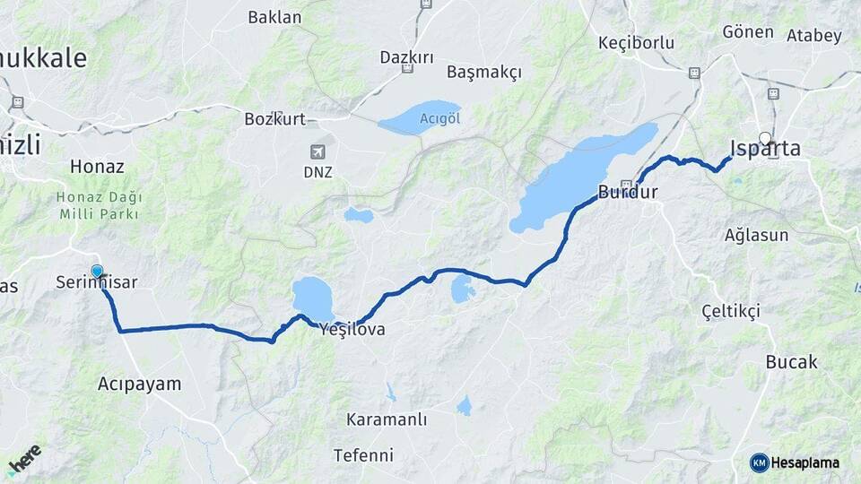 Denizli Serinhisar Isparta Arası Kaç Km - Yol Haritası