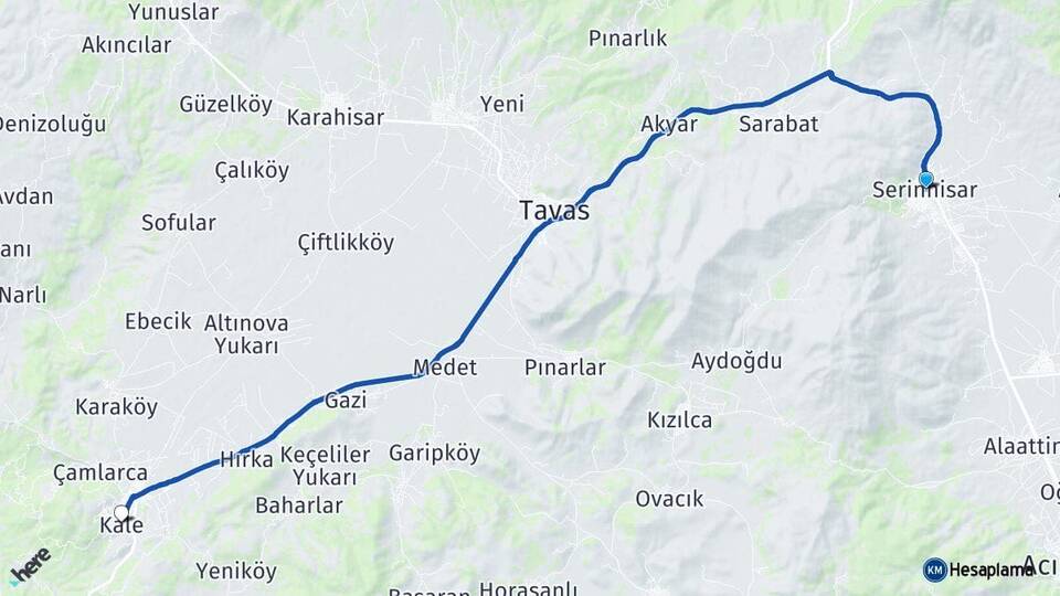 Denizli Serinhisar Kale Arası Kaç Km - Yol Haritası