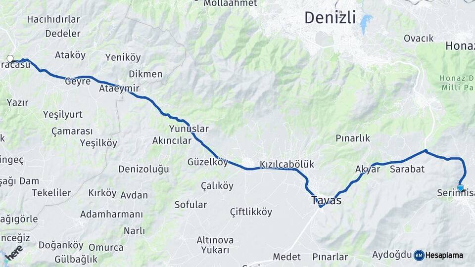 Denizli Serinhisar Karacasu Aydın Arası Kaç Km - Yol Haritası