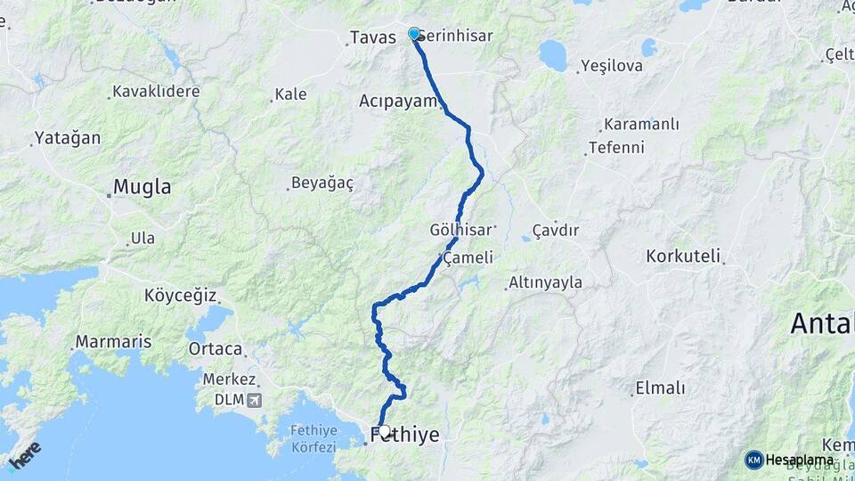 Denizli Serinhisar Karaçulha Fethiye Muğla Arası Kaç Km - Yol Haritası