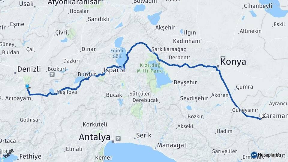 Denizli Serinhisar Karaman Arası Kaç Km - Yol Haritası