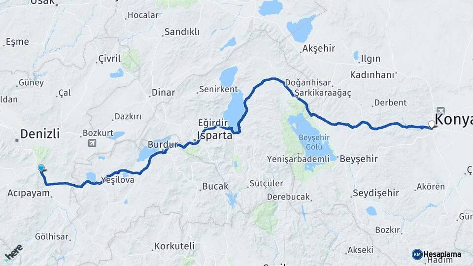 Denizli Serinhisar Konya Arası Kaç Km - Yol Haritası